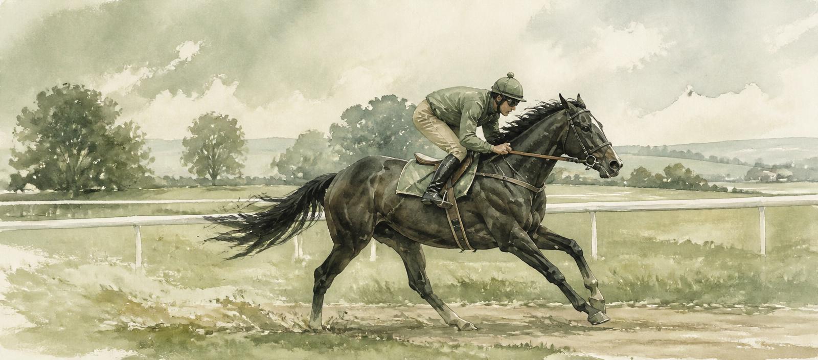 Watercolour of a jockey galloping a horse on a training track